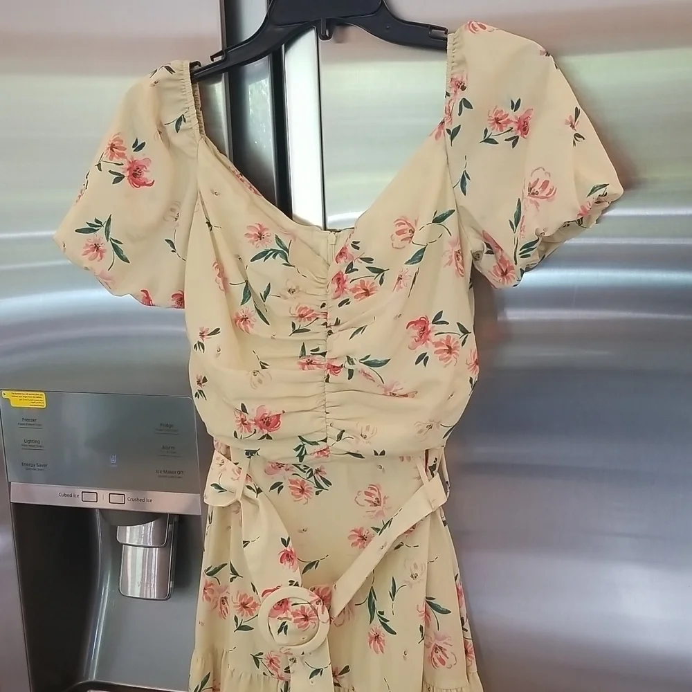 💕PALOMA BLUE💕 Evie Gathered Floral-Print Crepe Midi Dress Yellow Medium M NWOT - Picture 12 of 16